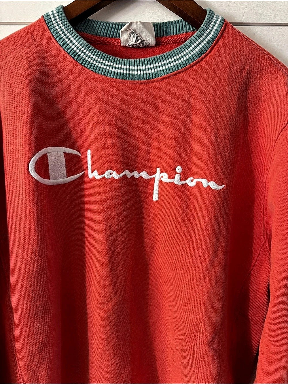 Champion Reverse Weave Script Logo Striped Rib Crewneck Sweatshirt Medium - Picture 3 of 7